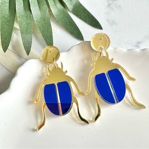 2/$30🌵 Mirrored Beetle Insect Gold Royal Blue Earrings Insect Bug Lucky NEW